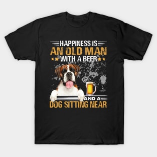 Happiness Is An Old Man With A Beer And A Boxer Dog Sitting Near T-Shirt